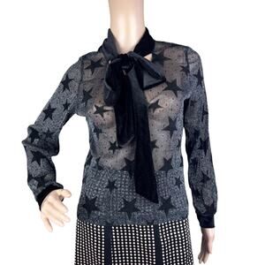 New Haoduoyi Black Stars Tie Front Shimmery Silver Long Sleeves Blouse Size S